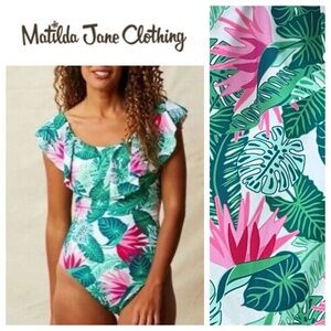 New Matilda Jane Palm Tree Paradise Sz XL 14 16 Swimsuit One Pc. Tropical Green